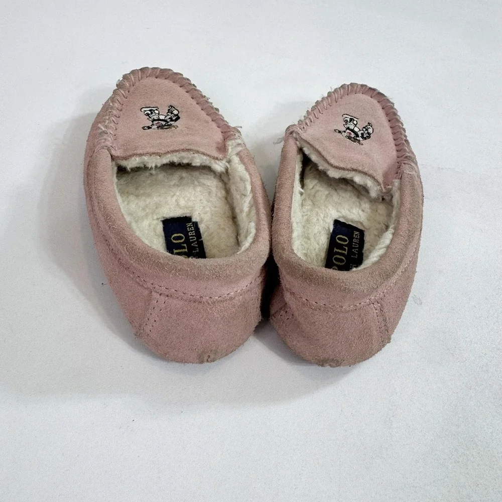 Polo Ralph Lauren Slippers Girls 11 Pink Suede Moccasin Polo Bear Cozy Lined